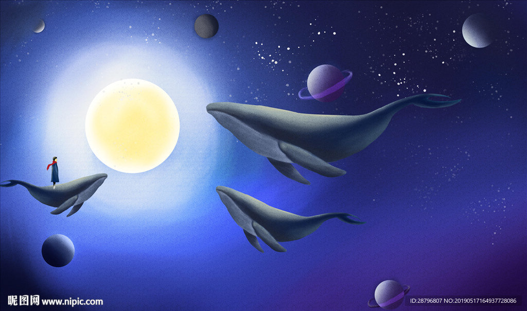 星海中的鲸鱼手绘壁画背景墙