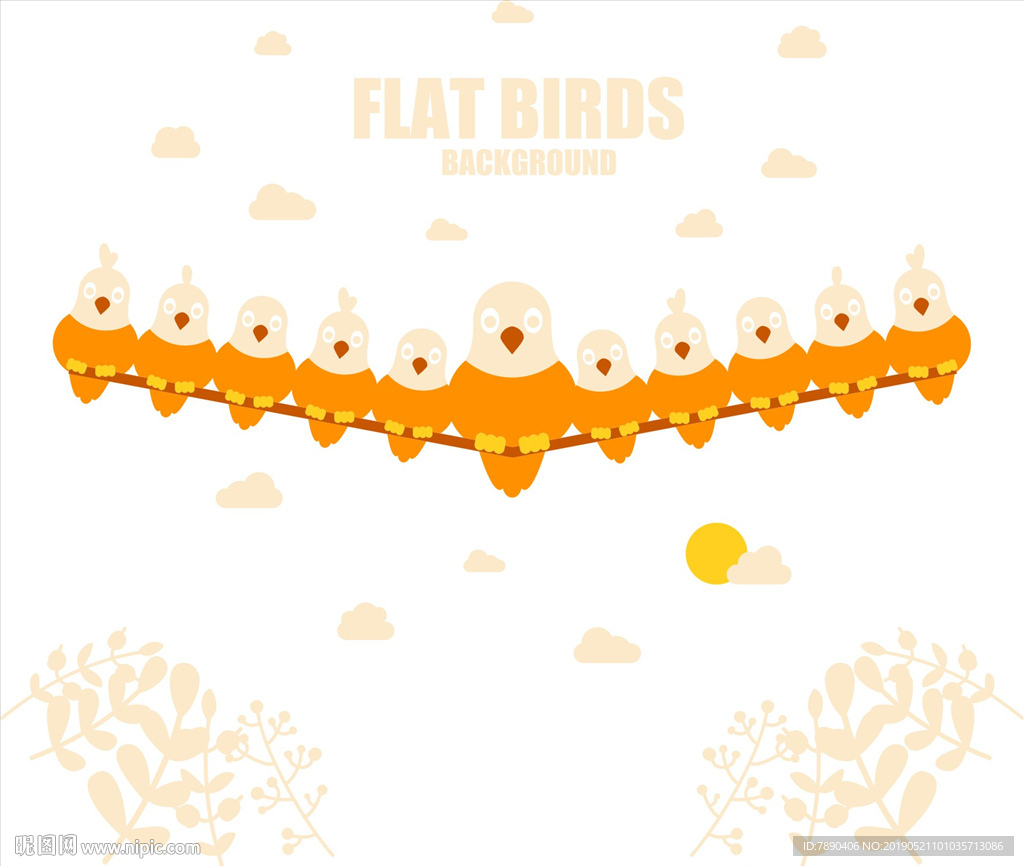 硅藻泥鸟背景一排小鸟云朵绿叶