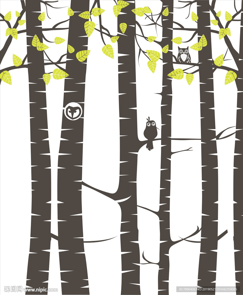 硅藻泥树猫头鹰树干绿叶鸟