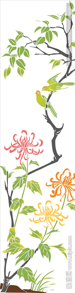 硅藻泥菊花树翠鸟鸣鸟