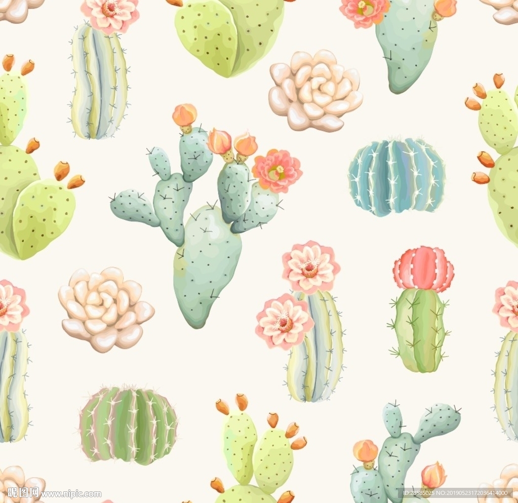 手绘多肉仙人掌植物印花