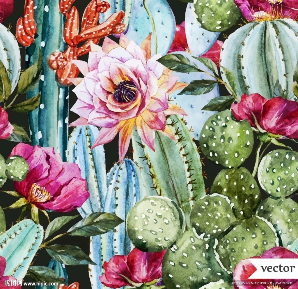 手绘仙人掌花卉印花