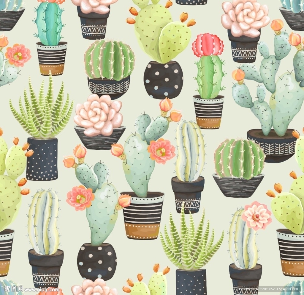 手绘仙人掌多肉印花