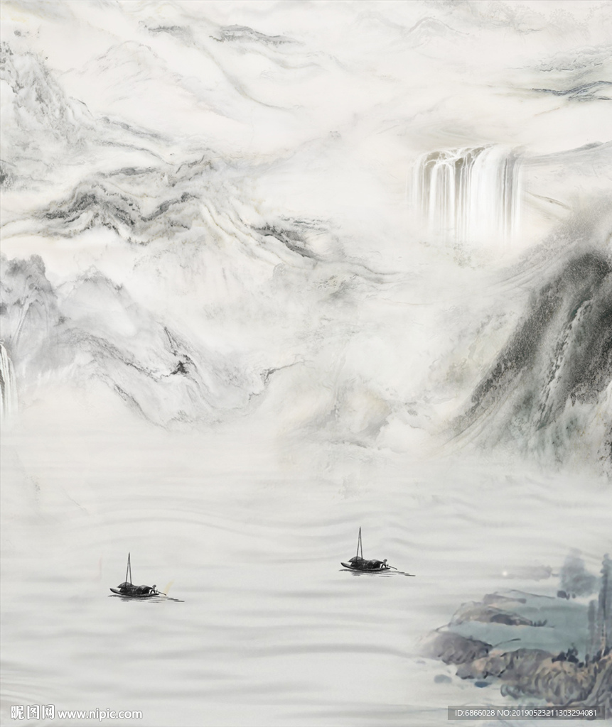 新中式大理石纹背景墙山水画水墨