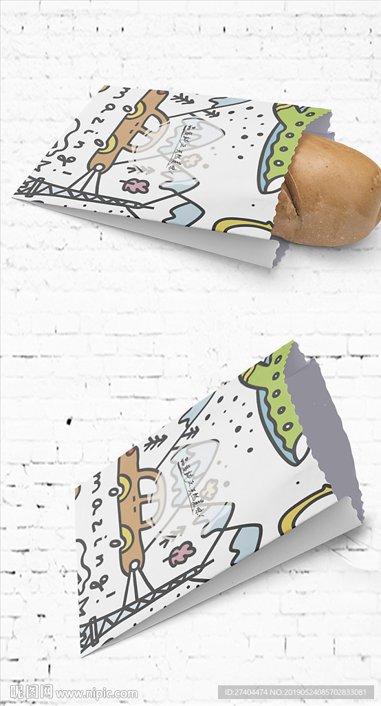 可爱卡通油纸袋小吃包装展开图
