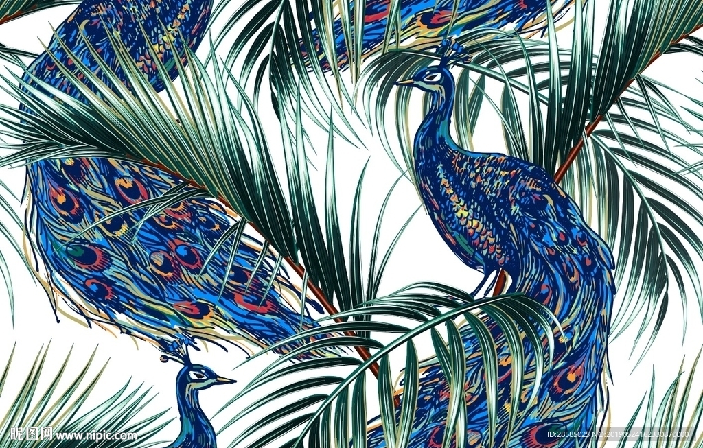 手绘孔雀图案印花