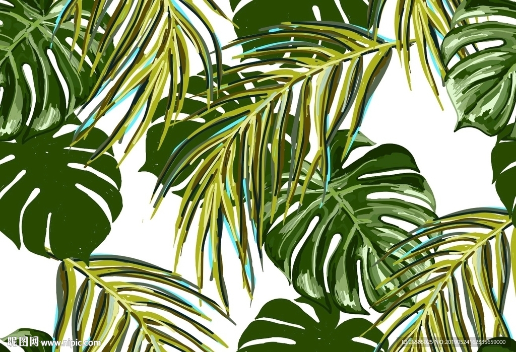 手绘绿叶植物印花