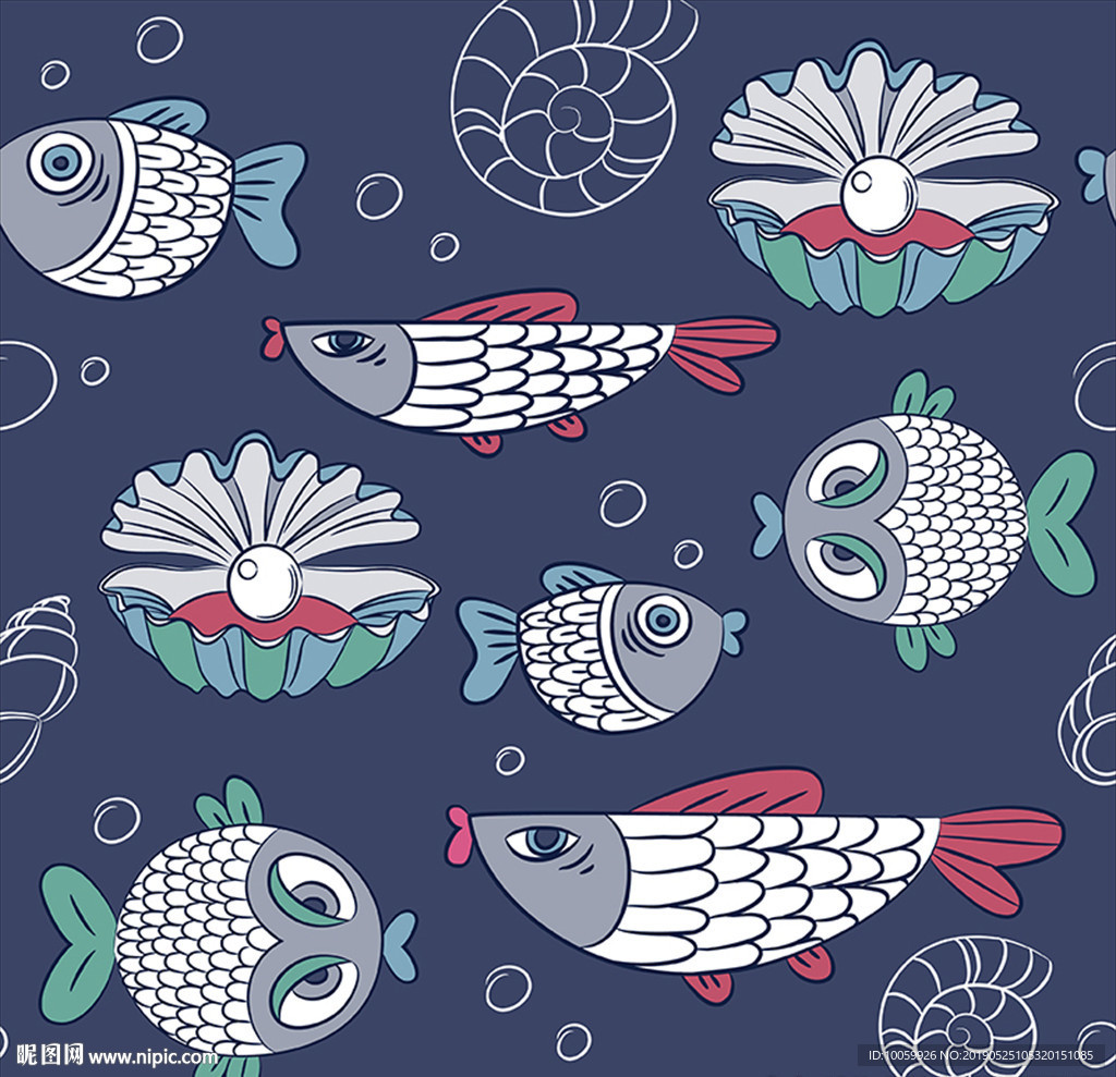 日系风海洋海鱼贝壳线条数码印花