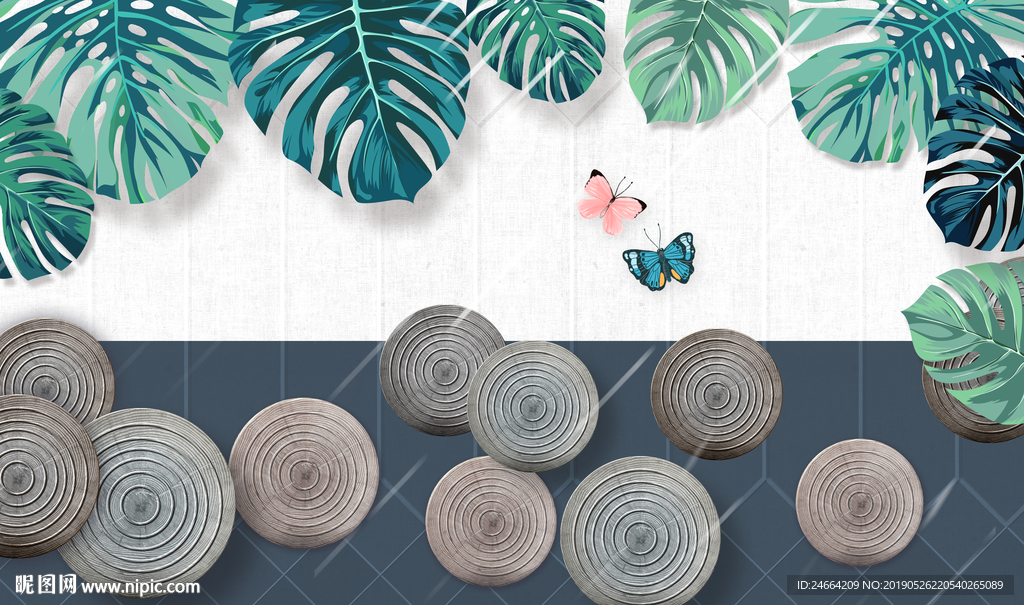 热带树叶蝴蝶画背景墙