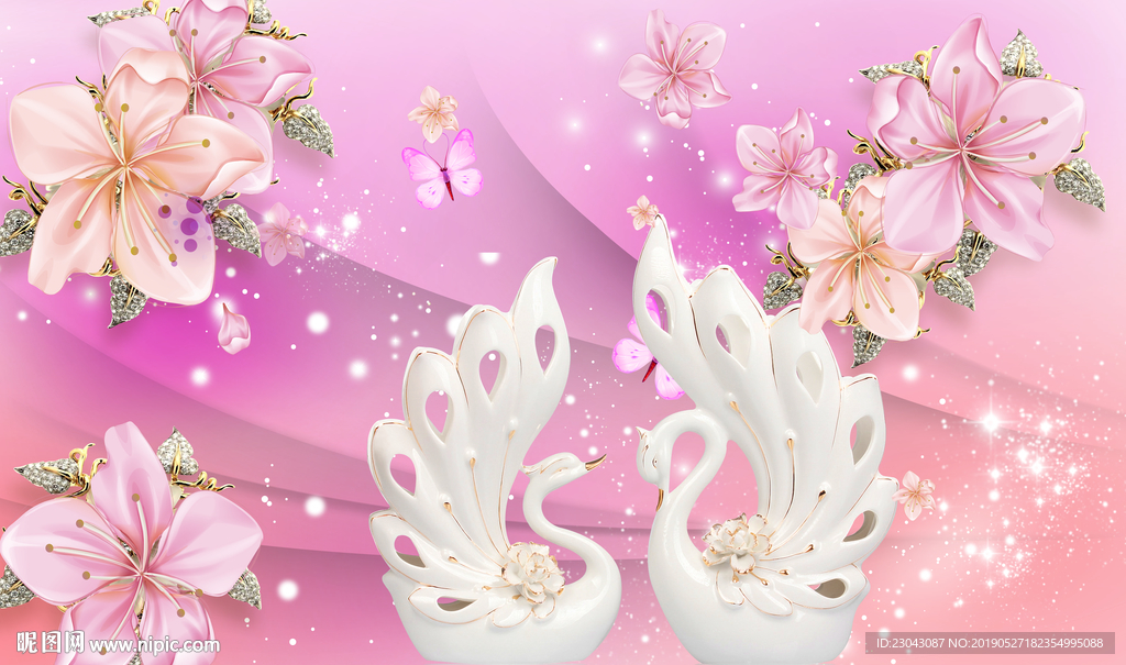 唯美天鹅珠宝花背景墙