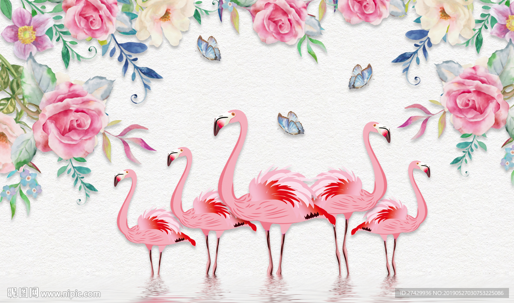 火烈鸟玫瑰花藤蝴蝶立体背景墙