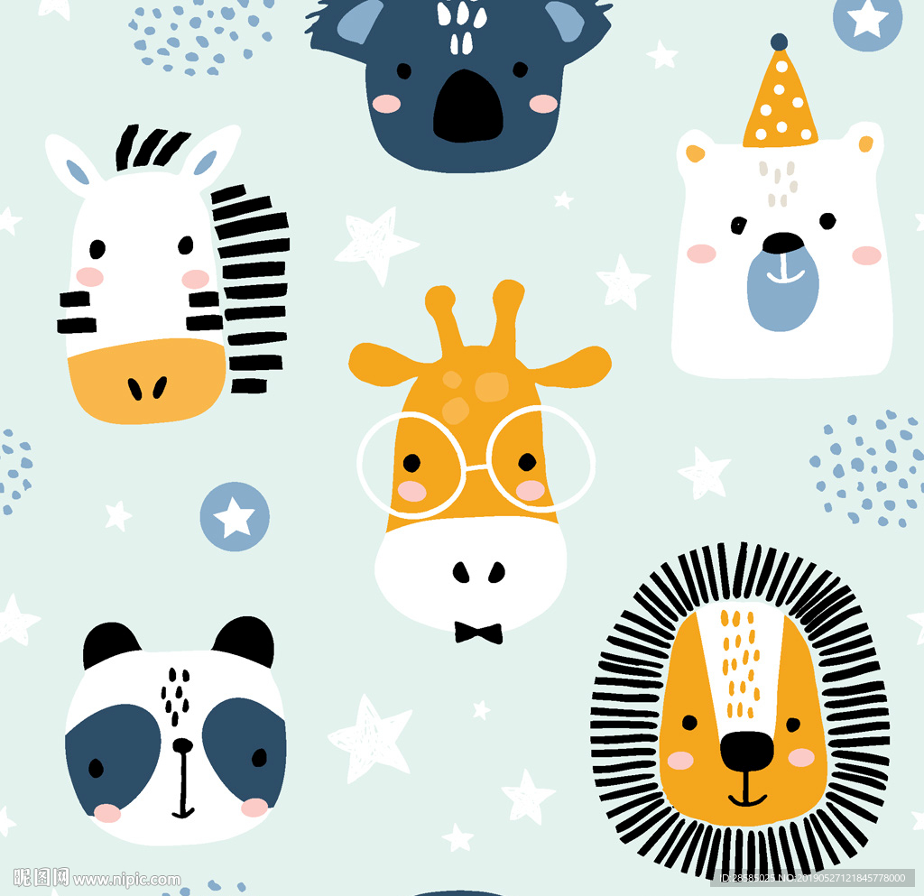 卡通可爱动物头像印花