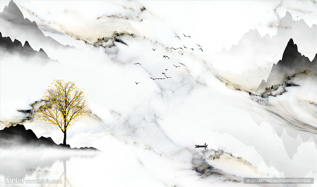 新中式抽象黑白水墨大理石背景墙