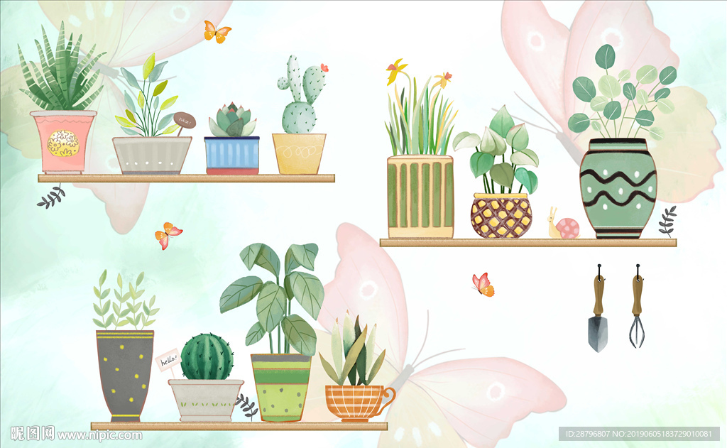 水彩植物盆栽手绘背景墙壁画