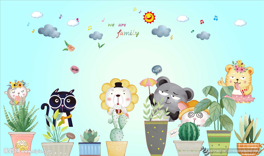 北欧简约手绘可爱卡通动物背景墙