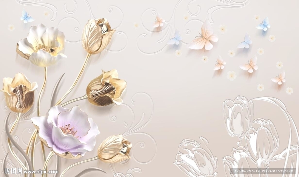 3D浮雕 郁金香 蝴蝶