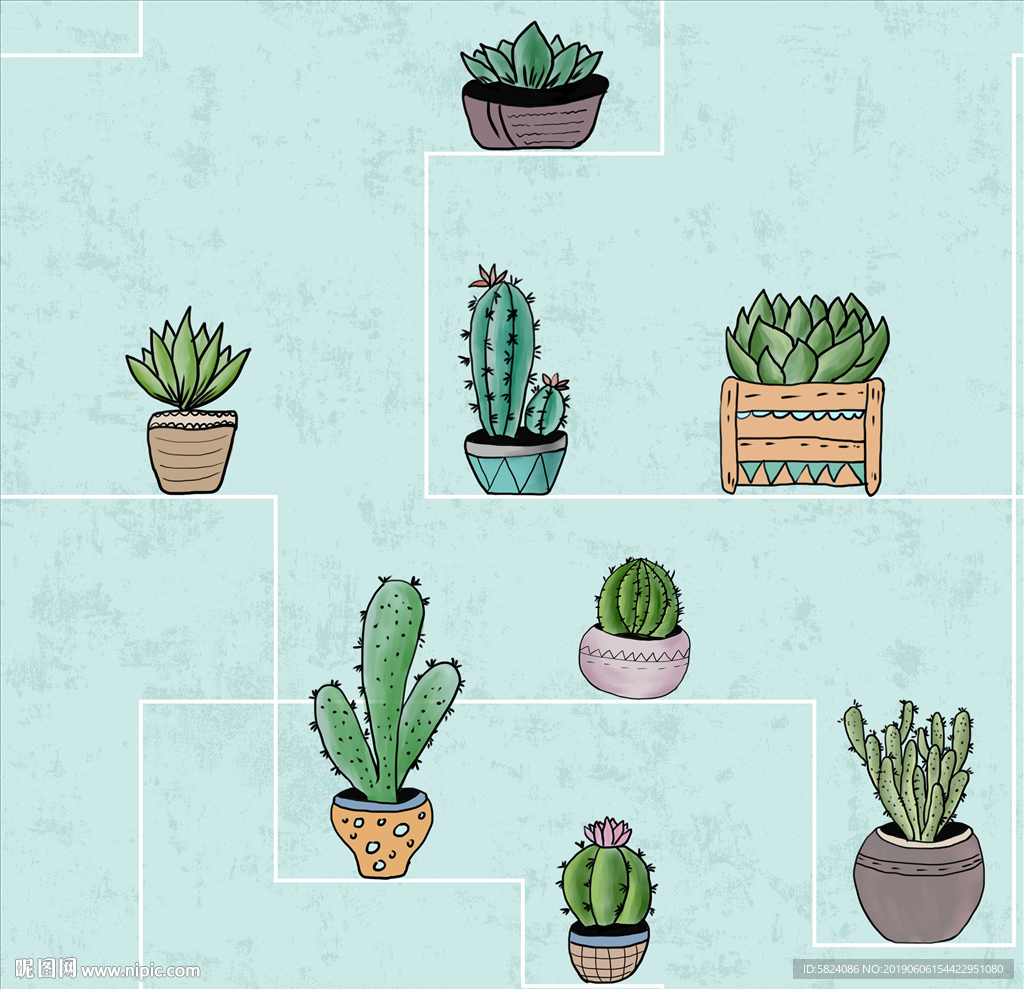 手绘仙人掌多肉印花墙纸图案