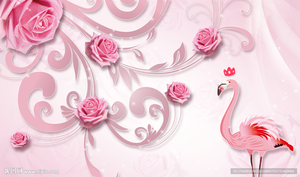 火烈鸟玫瑰花藤欧式立体背景墙