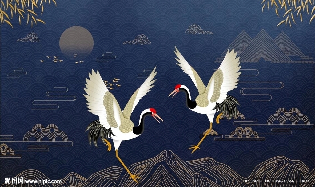 新中式手绘山脉飞鹤金色祥云背景