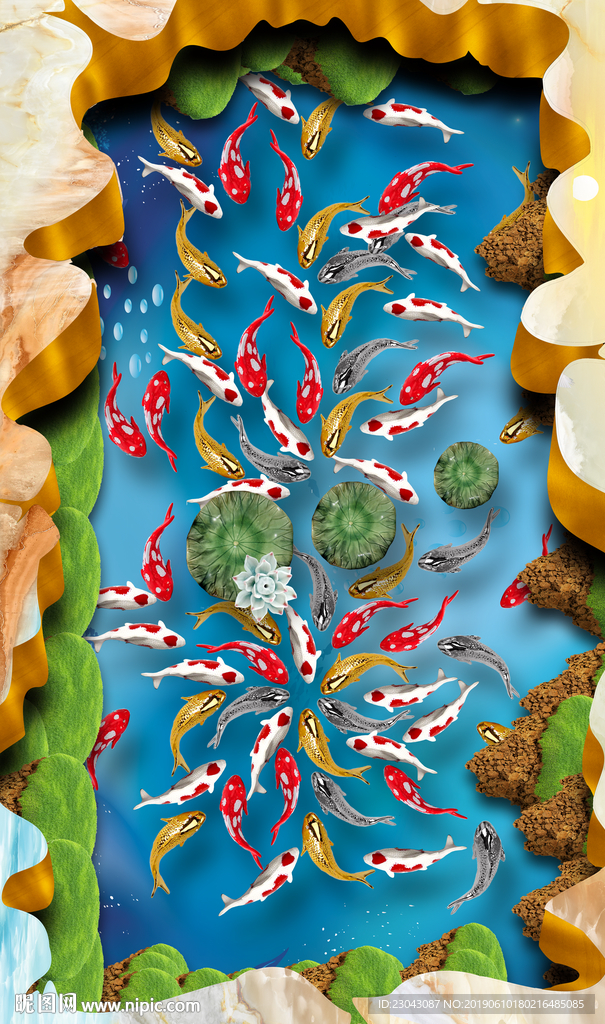 中式鲤鱼荷花荷塘3D地板立体画