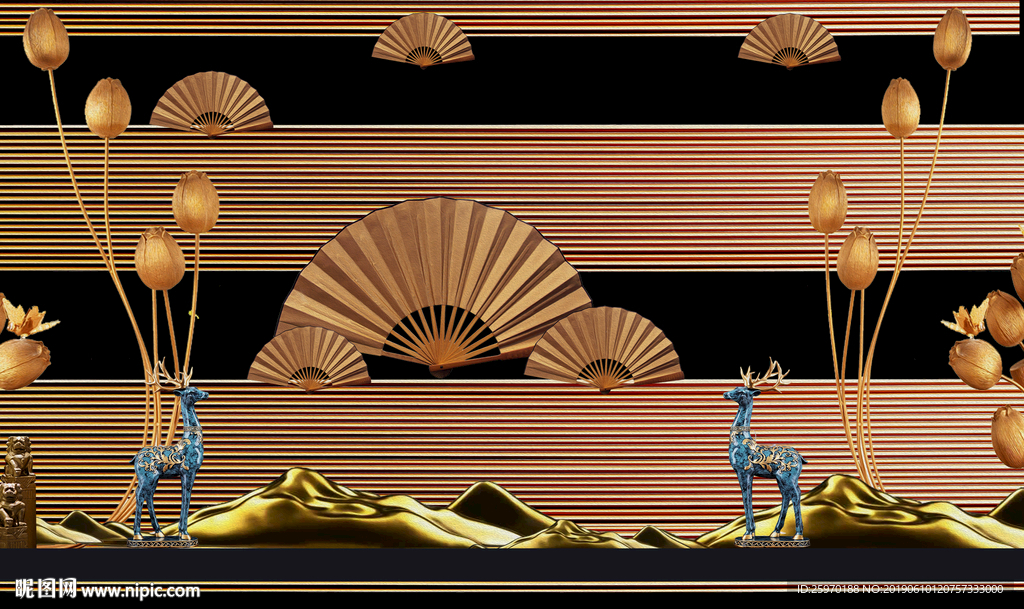 中式鎏金荷花扇子背景墙