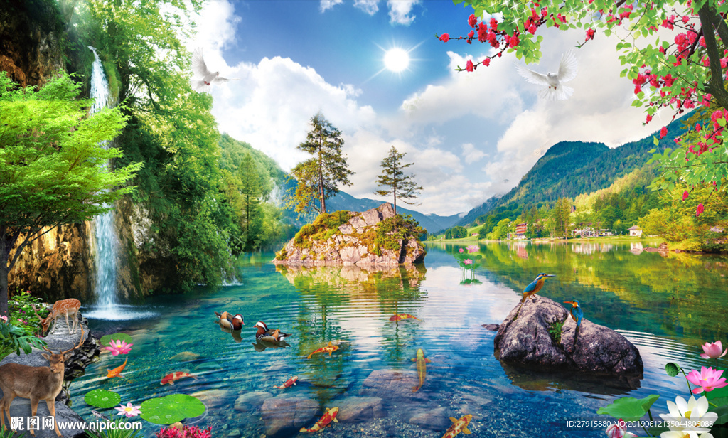 荷塘荷花鸳鸯梅花鹿背景墙