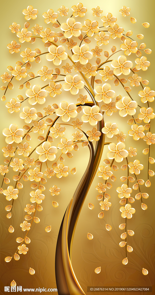 新中式抽象黄金树玄关背景墙