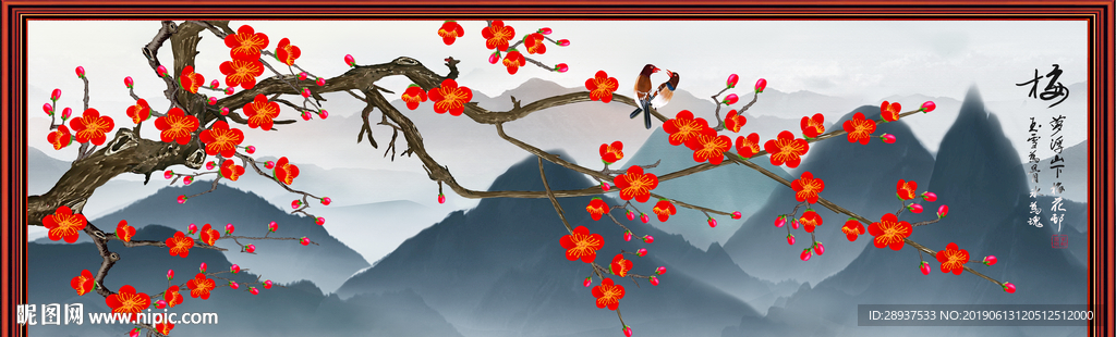 原创手绘梅花喜鹊花开富贵壁画