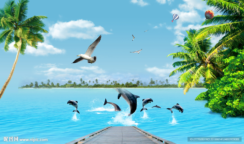 海景椰树鹦鹉风景画背景墙