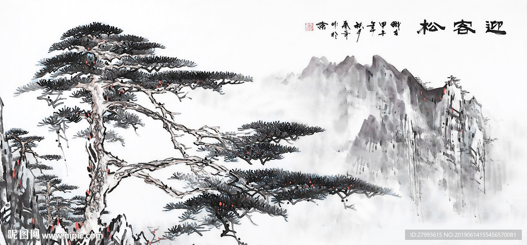 迎客松水墨装饰画背景墙
