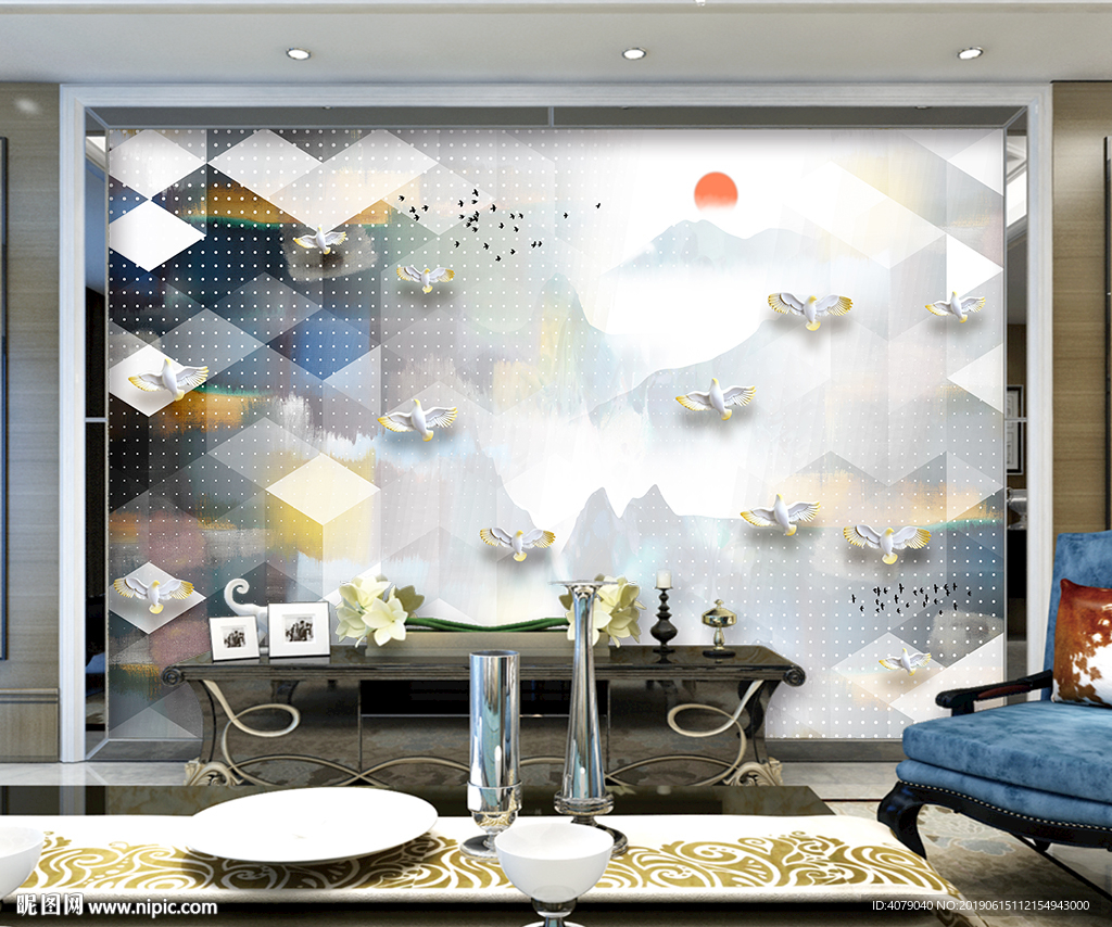 新中式水墨山水立体几何电视背景