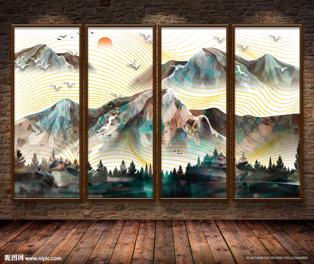 新中式水墨山水几何装电视背景墙