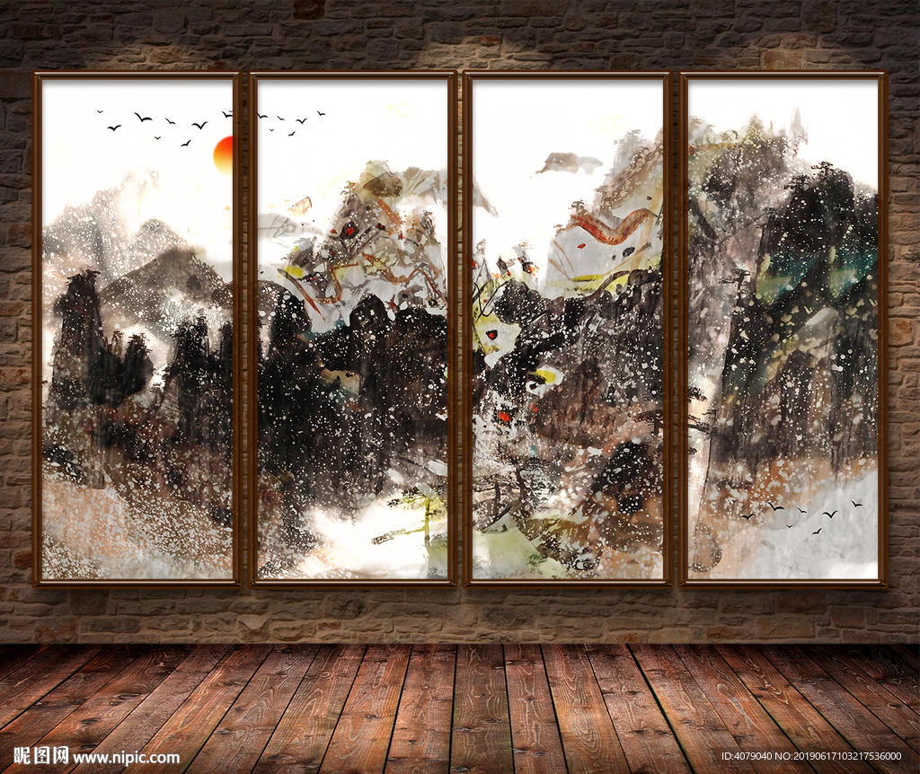 新中式水墨山水抽象画电视背景墙