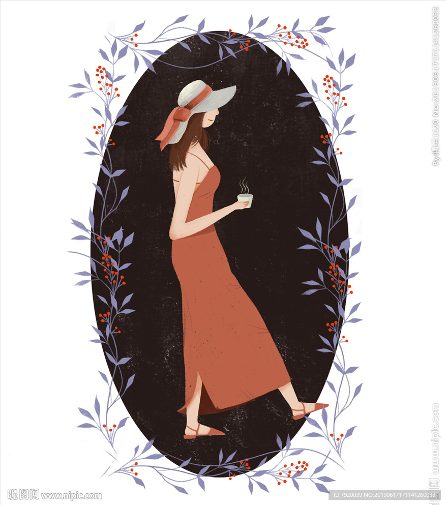 美女人像插画花纹边框