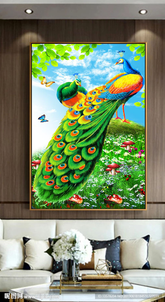 大气孔雀牡丹平安富贵无框画