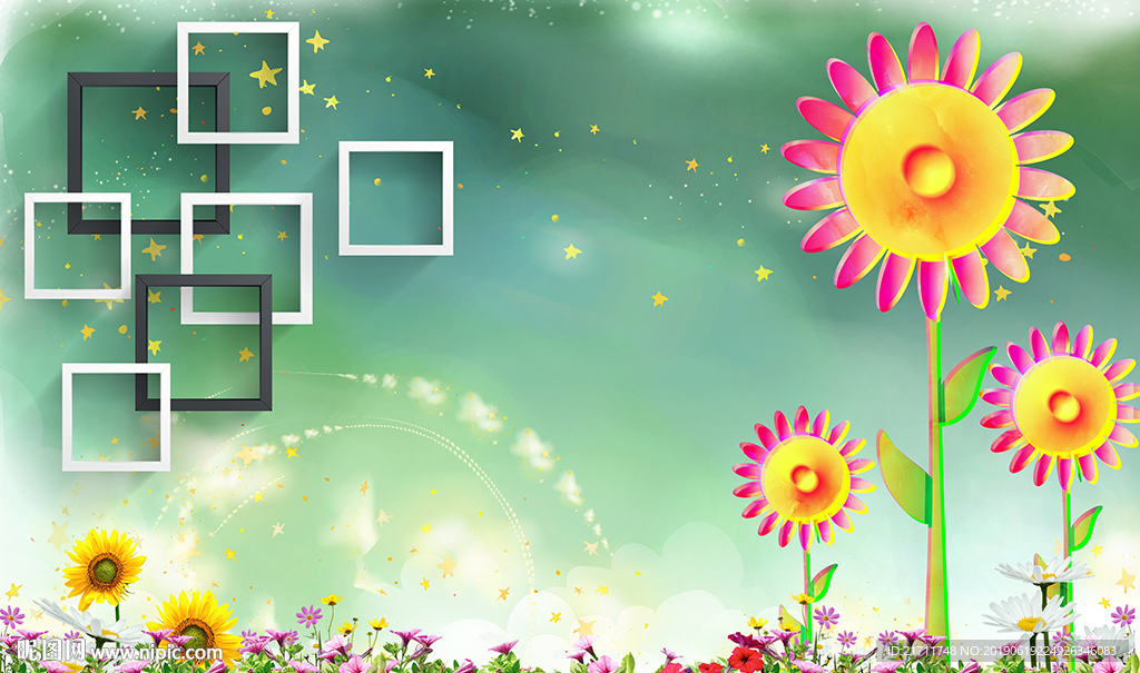 儿童卡通向日葵框框电视背景墙