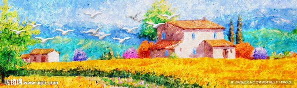唯美风景乡村油画飞鸟装饰画
