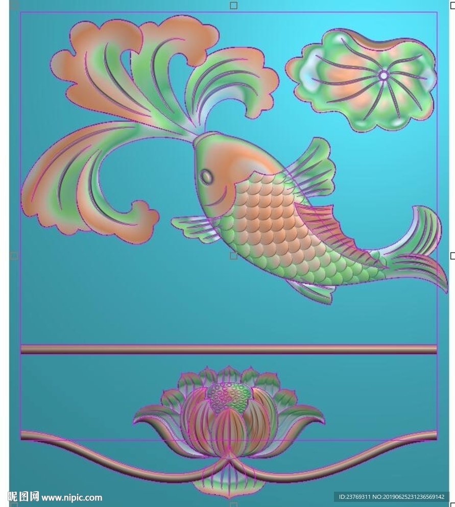 莲花鱼鲤鱼荷花荷叶精雕图浮雕图