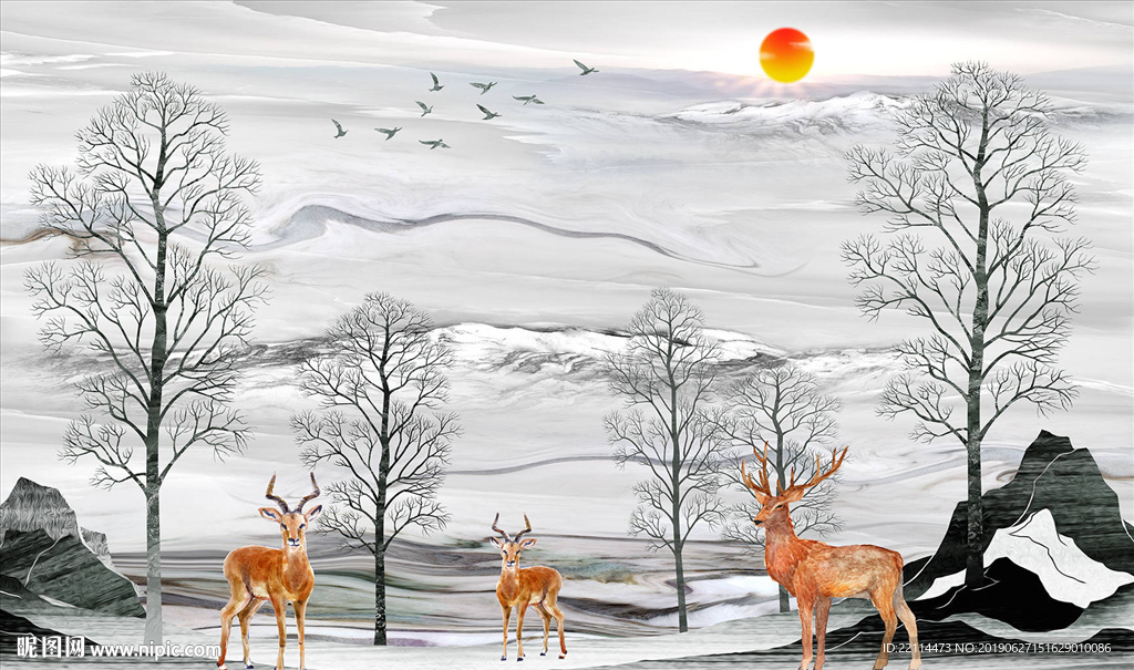 轻奢抽象大理石纹麋鹿森林背景墙