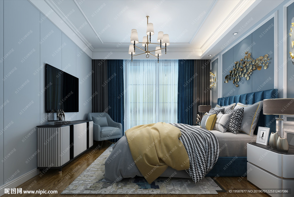 美式轻奢主卧集成墙面模型效果图