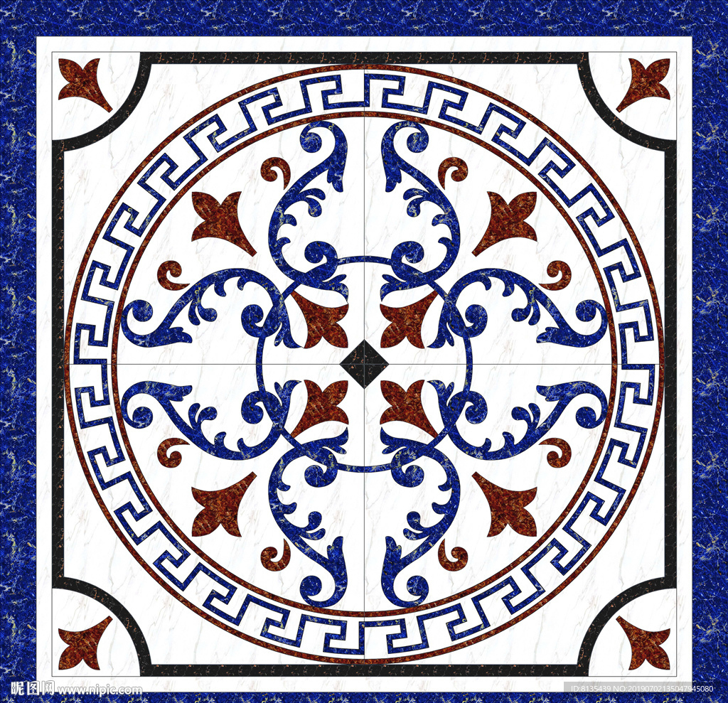 蓝色石纹拼花客厅地面装饰图