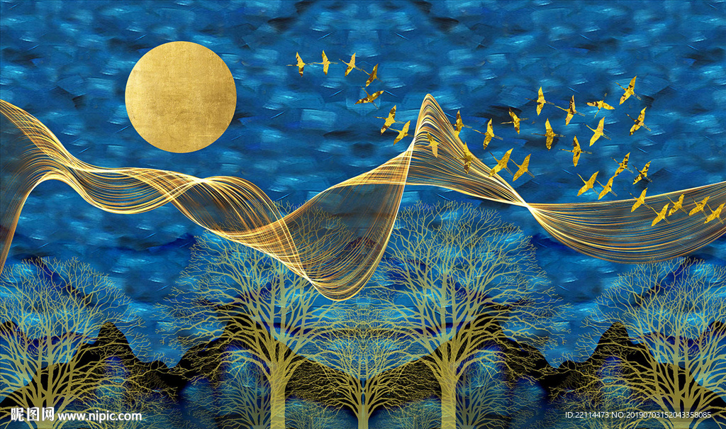 金色抽象夜晚森林电视背景墙