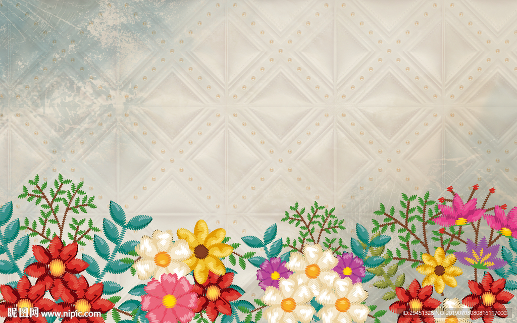 欧式手绘花朵背景墙TIF分层