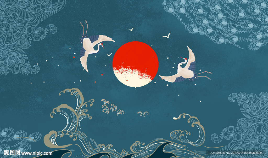 中式仙鹤电视背景墙