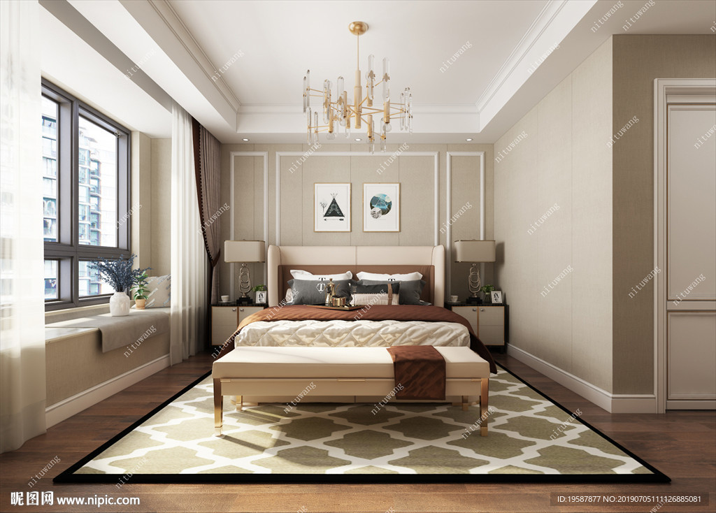 现代美式卧室集成墙面模型效果图