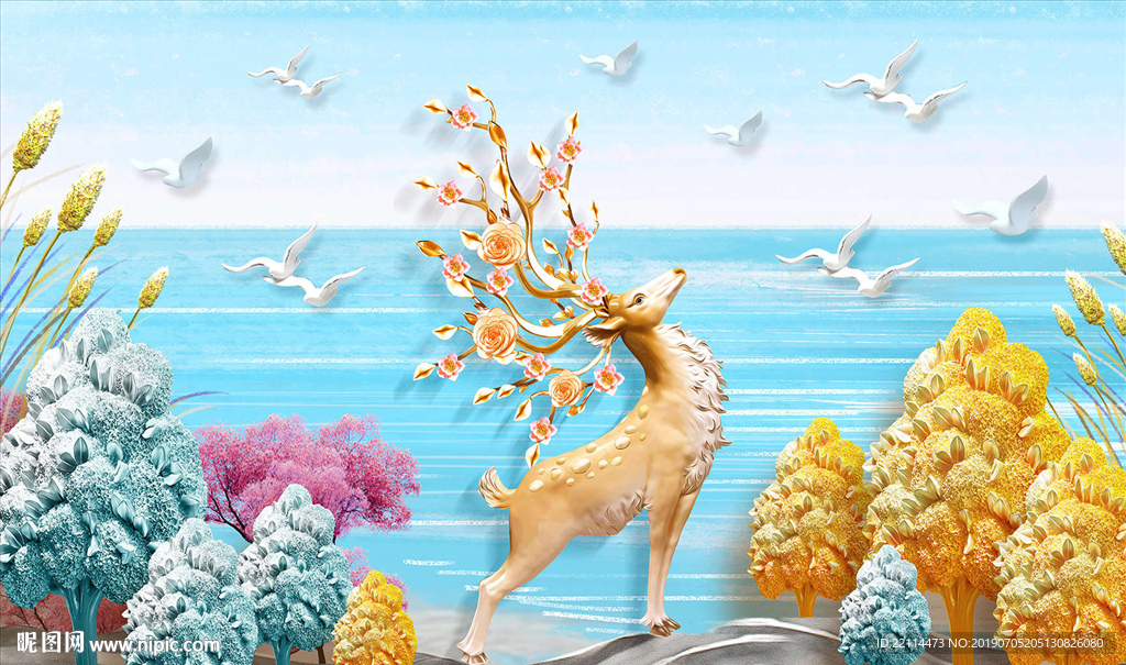 3D立体浮雕梅花鹿田园风背景墙