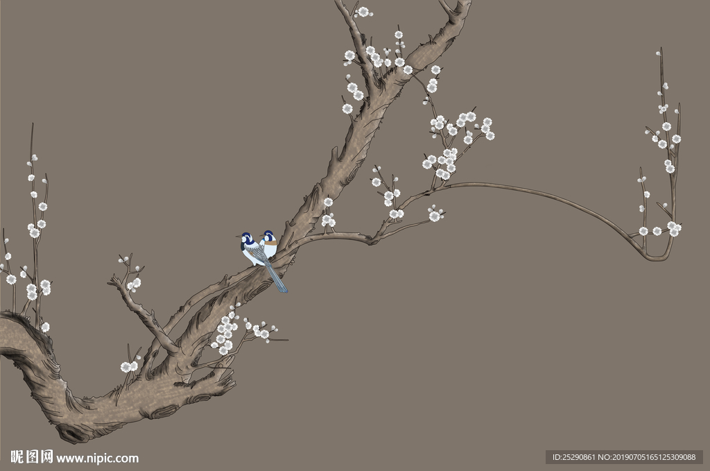 手绘工笔花鸟梅花