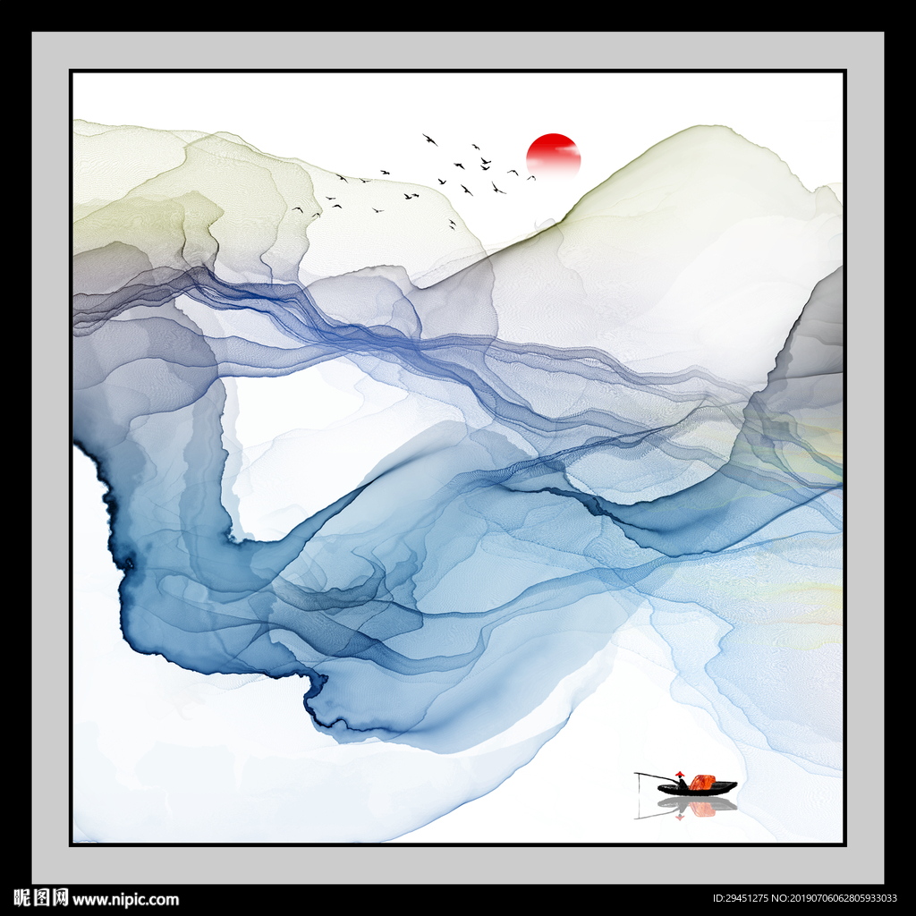 中式 小船线条画 TIF分层