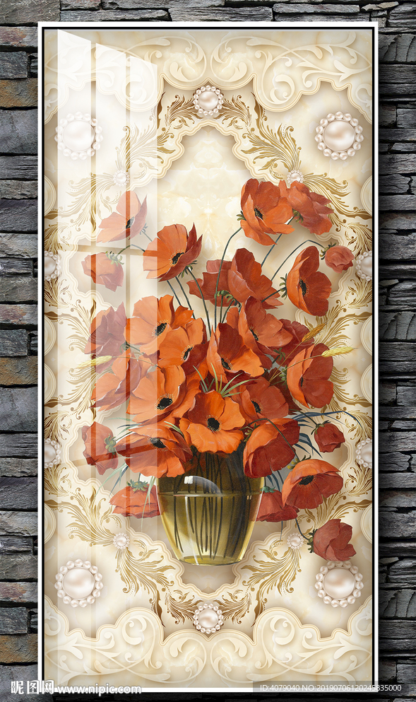 欧式复古花卉油画花纹玄关背景墙