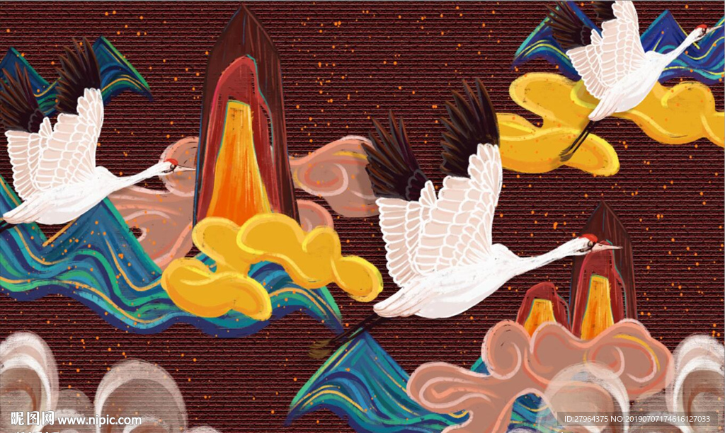 手绘飞鹤图案背景墙